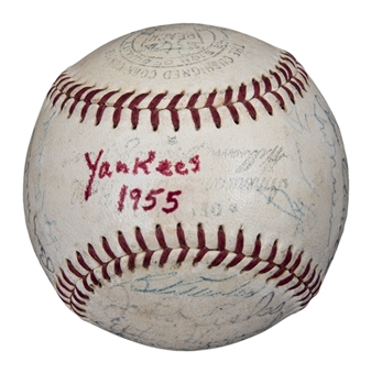 1955 New York Yankees Team Signed OAL Harridge Baseball With 28 Signatures Including Mantle, Ford, Berra & Rizzuto (JSA)